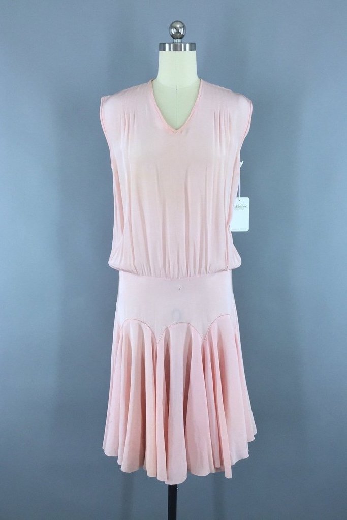 1920s Vintage Pastel Pink Silk Crepe Dress-ThisBlueBird