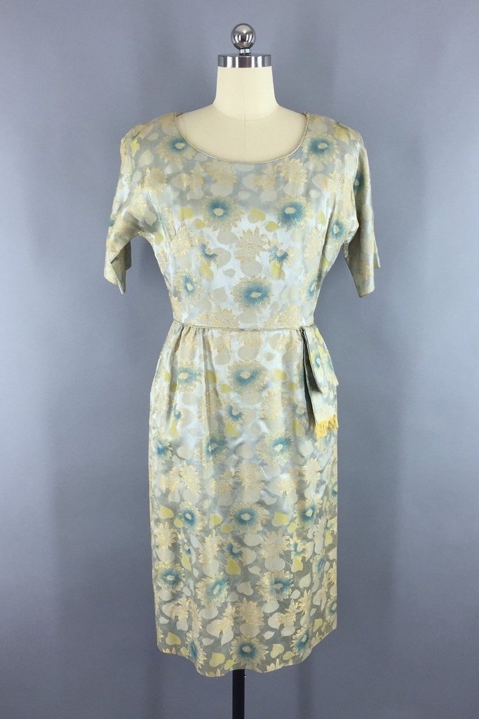 1950s Vintage Blue and Gold Satin Brocade Cocktail Dress-ThisBlueBird