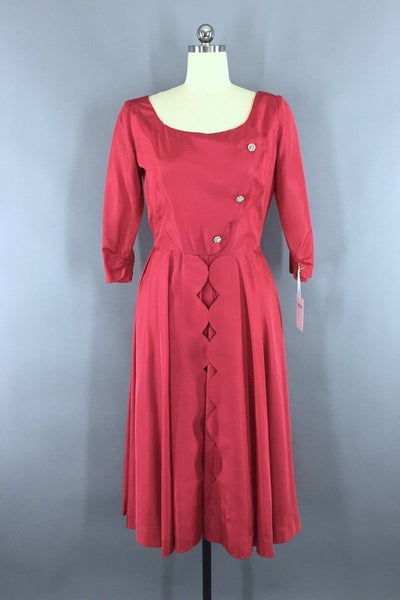 1950s Vintage Raspberry Red Taffeta Cocktail Dress-ThisBlueBird