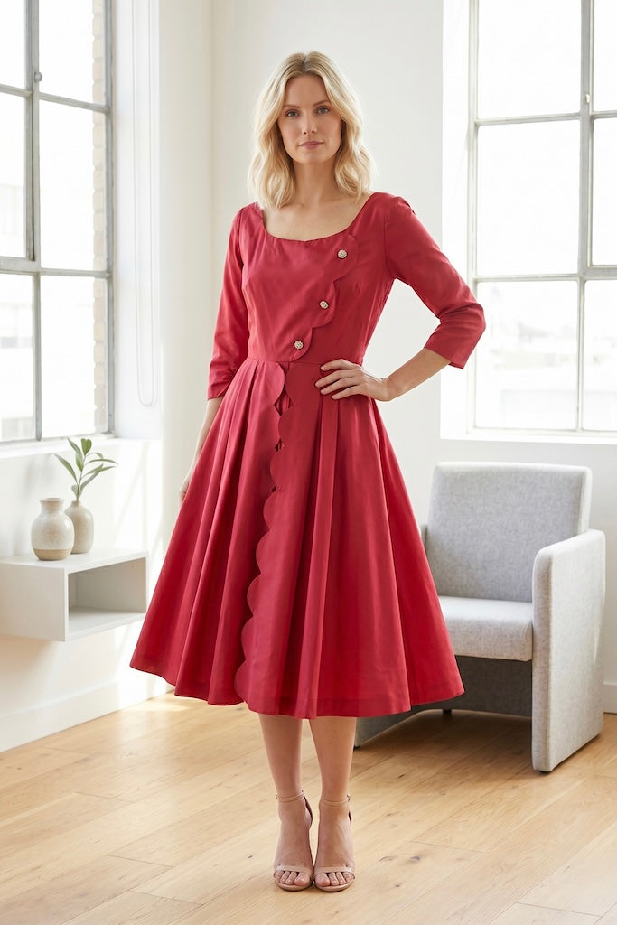 1950s Vintage Raspberry Red Taffeta Cocktail Dress-ThisBlueBird