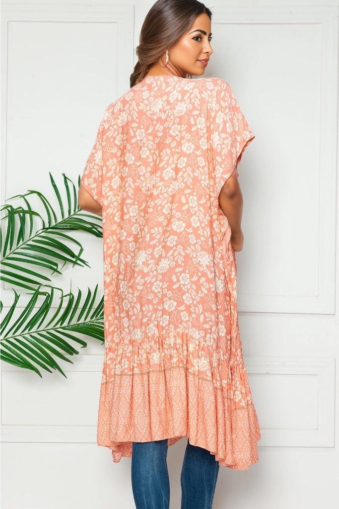 Apricot Floral Long Duster Kimono-ThisBlueBird