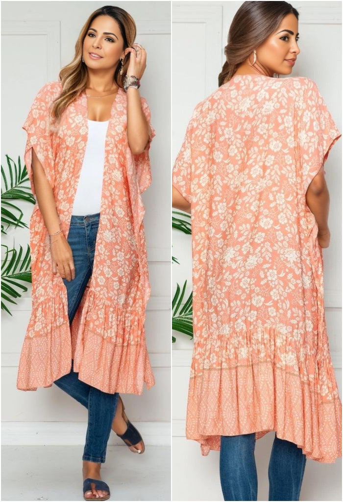 Apricot Floral Long Duster Kimono-ThisBlueBird