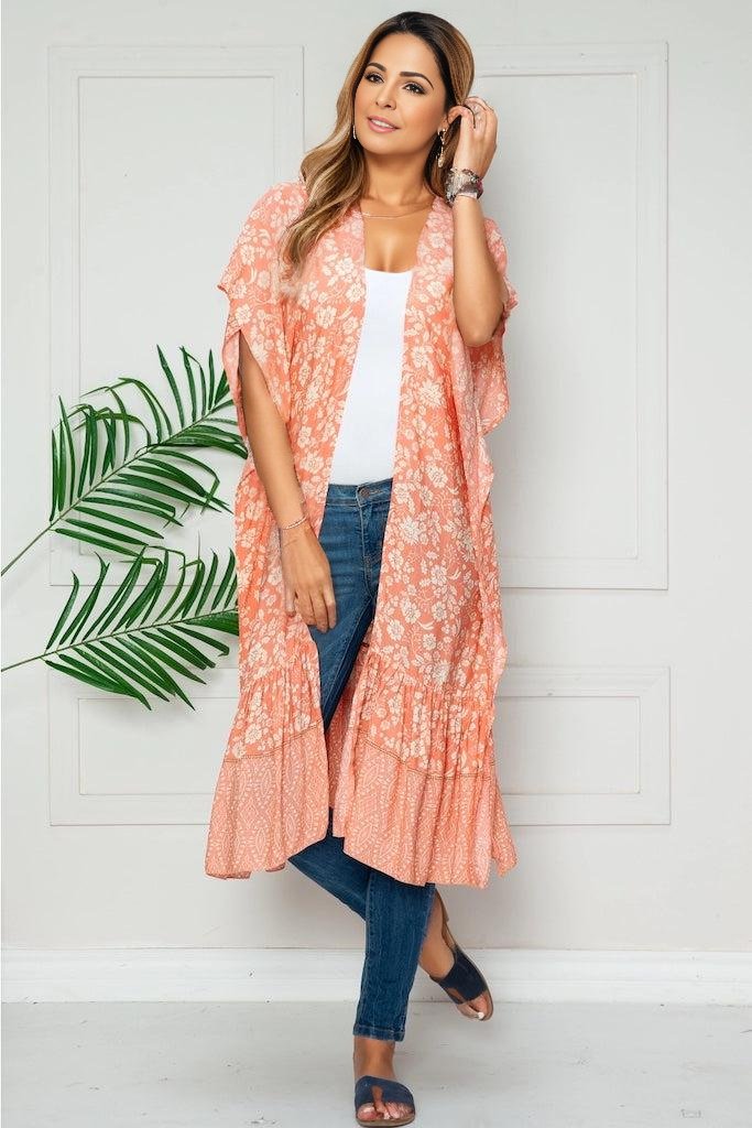 Apricot Floral Long Duster Kimono-ThisBlueBird