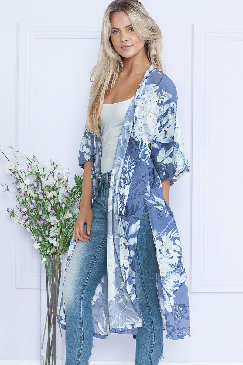 Chambray Floral Duster Kimono-ThisBlueBird