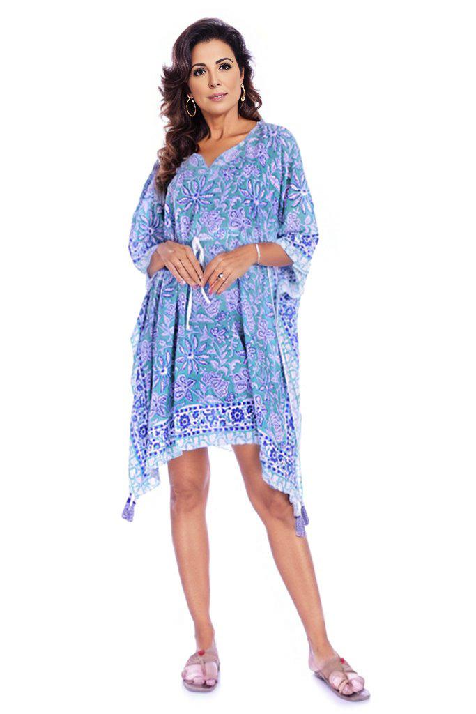 Cotton Block Print Short Kaftan Dress-ThisBlueBird