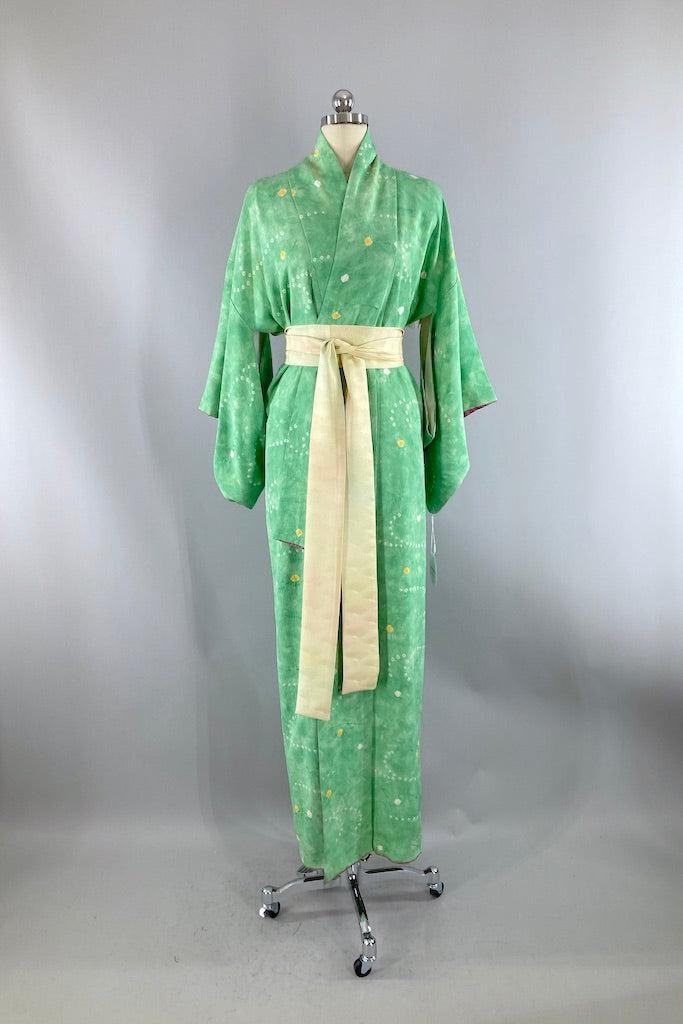 Vintage Sea Green Shibori Silk Kimono-ThisBlueBird