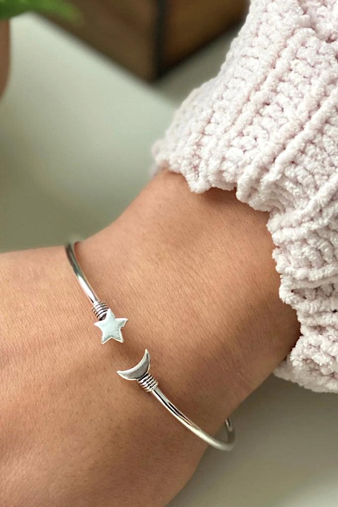 Moon &amp; Star Silver Bangle Bracelet-ThisBlueBird