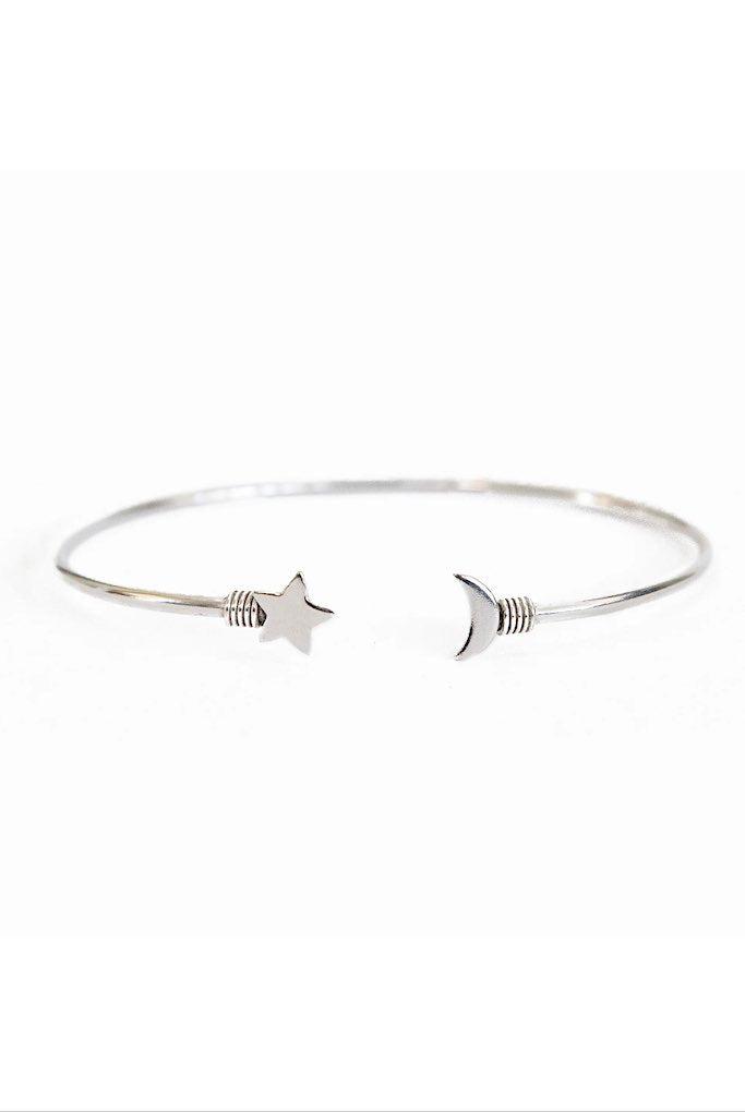 Moon &amp; Star Silver Bangle Bracelet-ThisBlueBird