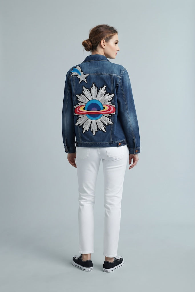 Saturn Shooting Star Embroidered Denim Jean Jacket-Vintage Outerwear-ThisBlueBird