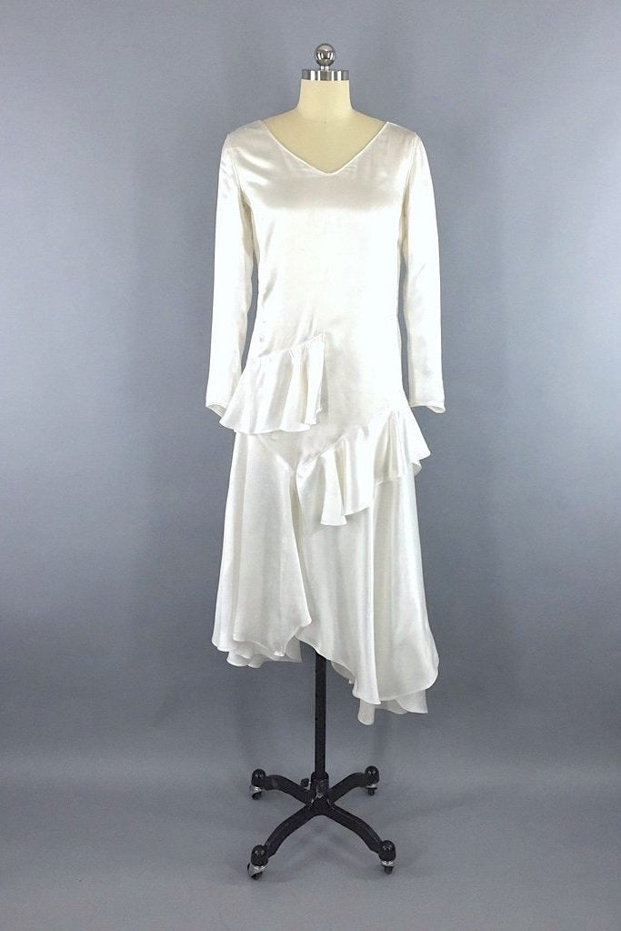 Vintage 1920s Art Deco Bias Cut Satin Wedding Dress-ThisBlueBird