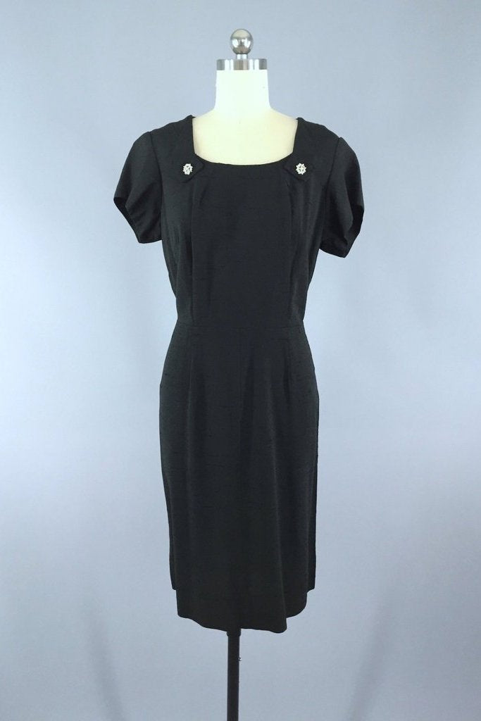 Vintage 1940s Black Silk Dress with Rhinestone Buttons-ThisBlueBird