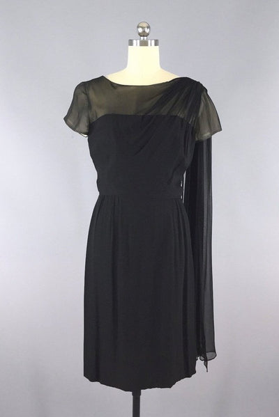 Vintage 1950s Black Chiffon Illusion Silk Dress-ThisBlueBird