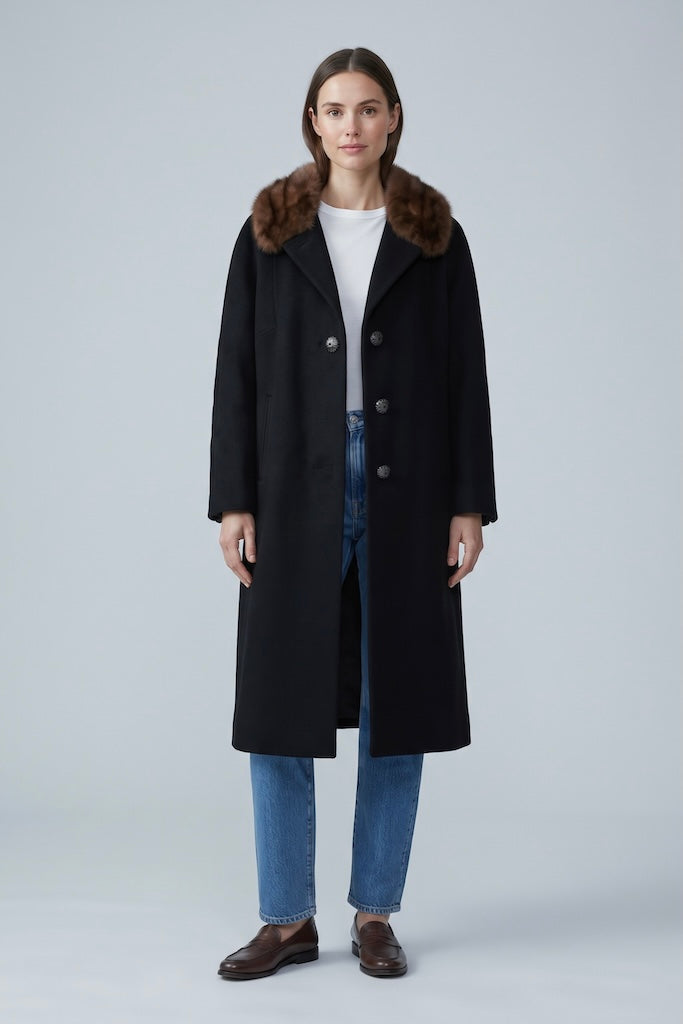 Vintage 1950s Black Wool Coat with Mink Collar-ThisBlueBird