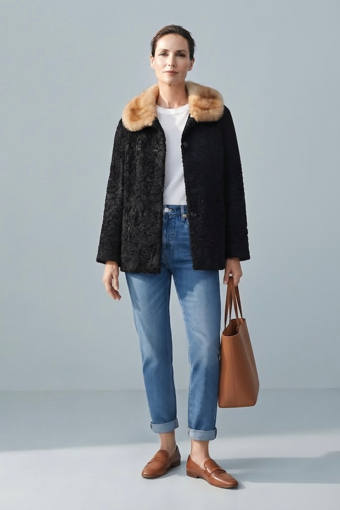 Vintage 1950s Curly Lamb Fur Coat with Mink Collar-ThisBlueBird