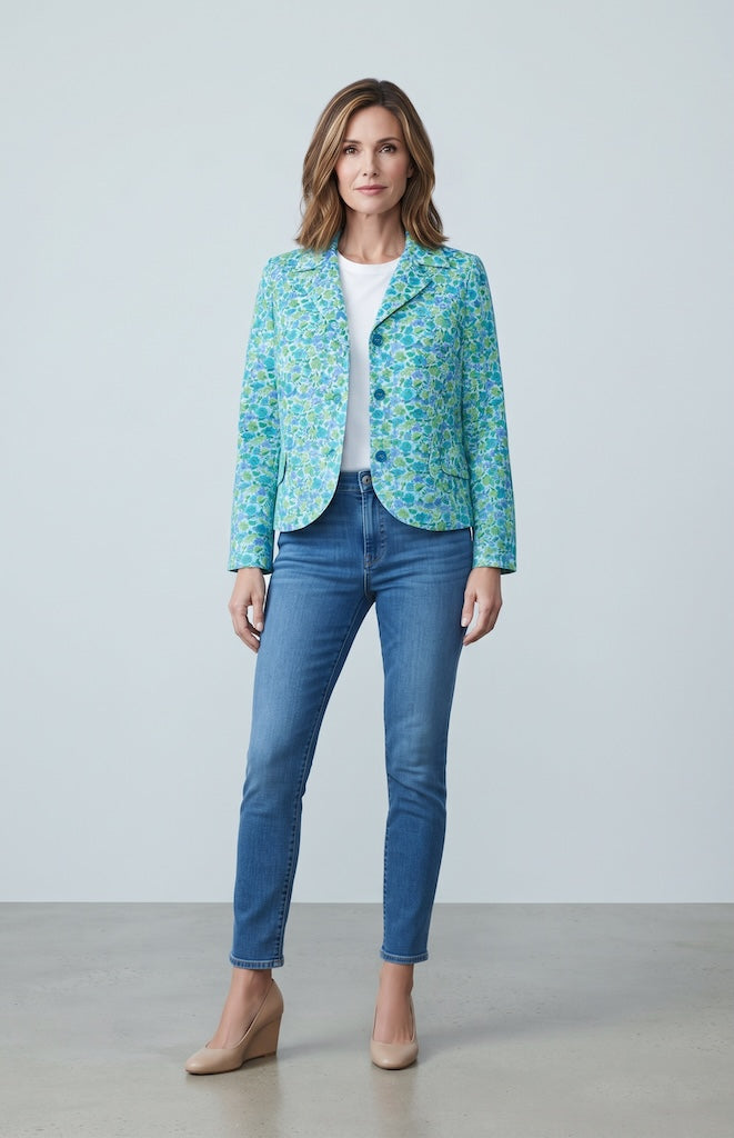 Vintage 1960s Velvet Blazer with Aqua Blue Mod Floral Print-Vintage Outerwear-ThisBlueBird