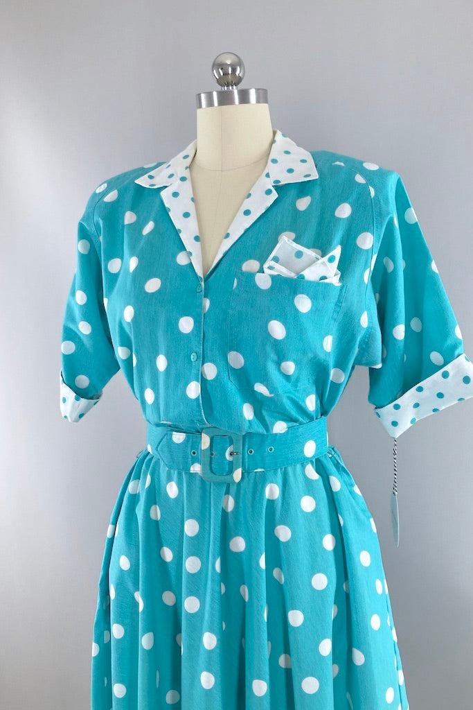 Vintage 80s Aqua Polka Dot Retro Day Dress-ThisBlueBird