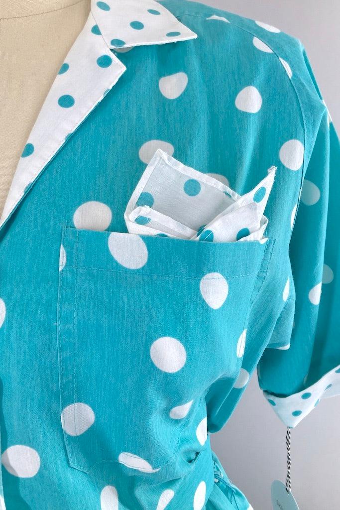 Vintage 80s Aqua Polka Dot Retro Day Dress-ThisBlueBird
