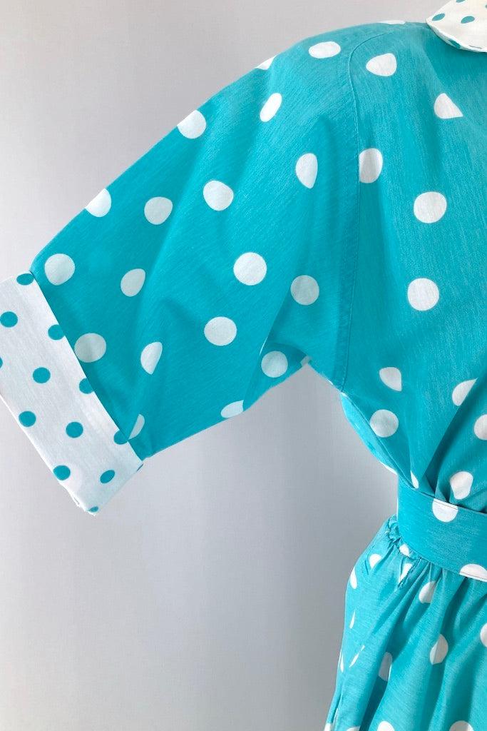 Vintage 80s Aqua Polka Dot Retro Day Dress-ThisBlueBird