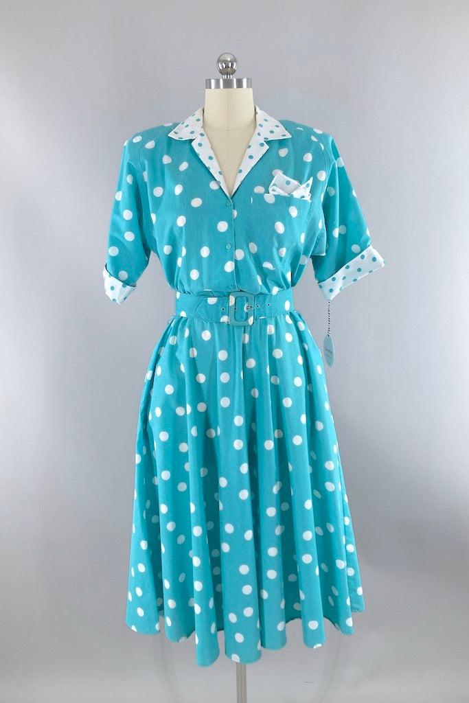 Vintage 80s Aqua Polka Dot Retro Day Dress-ThisBlueBird