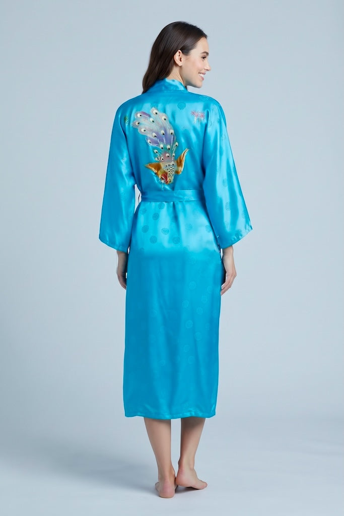 Vintage Aqua Blue Embroidered Peacock Robe-ThisBlueBird