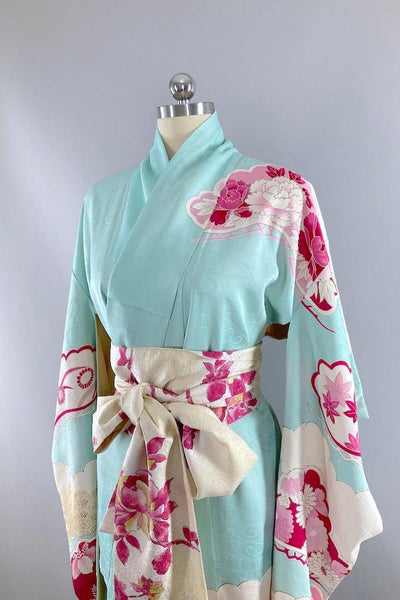 Vintage Aqua & Pink Clouds Silk Kimono-ThisBlueBird