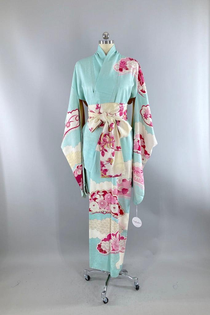 Vintage Aqua & Pink Clouds Silk Kimono-ThisBlueBird