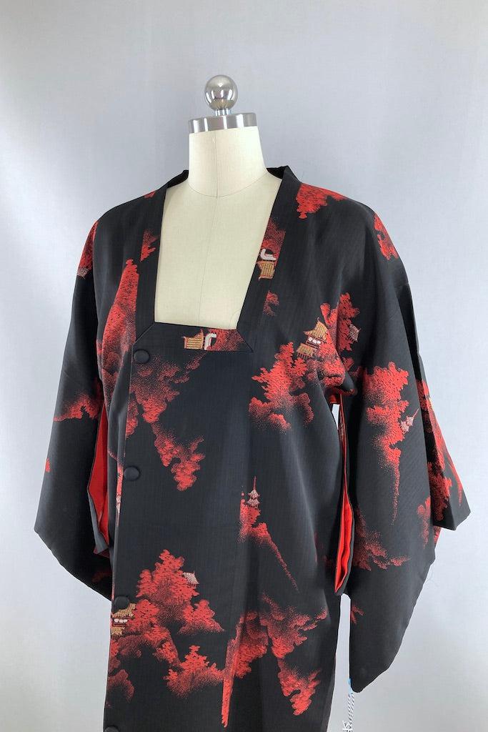 Vintage Black & Red Pagoda Silk Kimono Jacket-ThisBlueBird