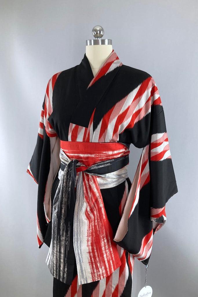 Vintage Black and Red Ikat Silk Kimono-ThisBlueBird
