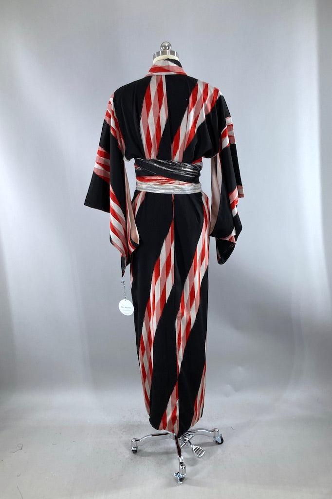 Vintage Black and Red Ikat Silk Kimono-ThisBlueBird