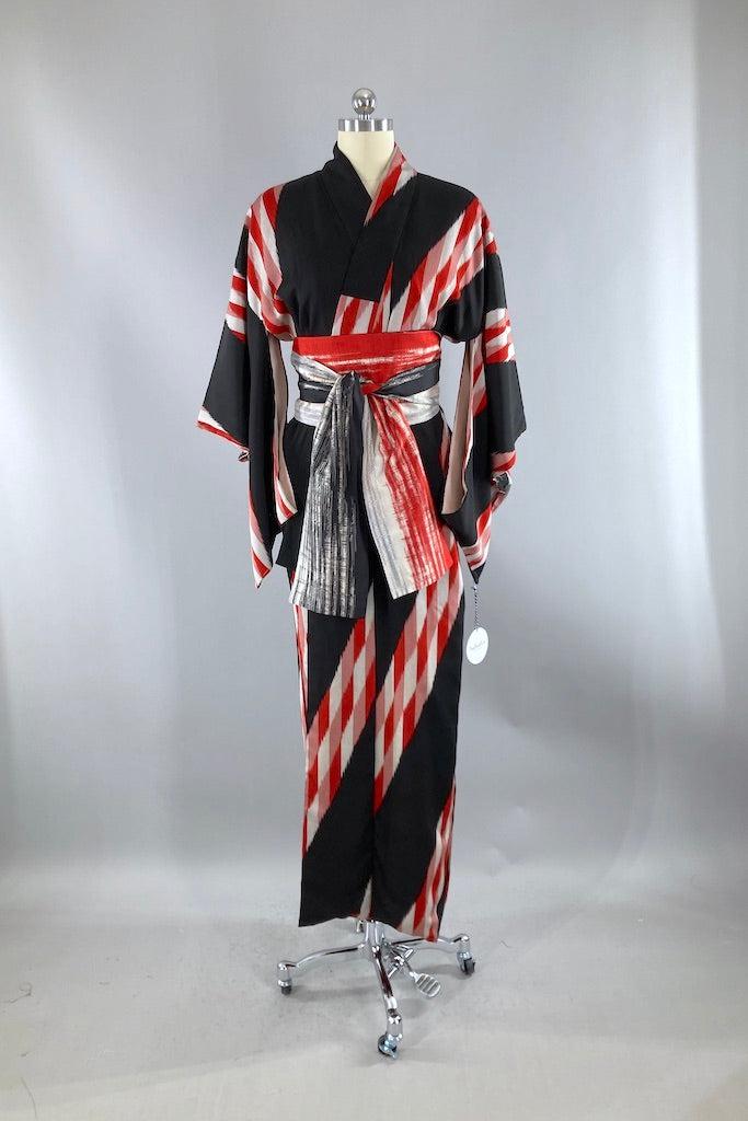 Vintage Black and Red Ikat Silk Kimono-ThisBlueBird
