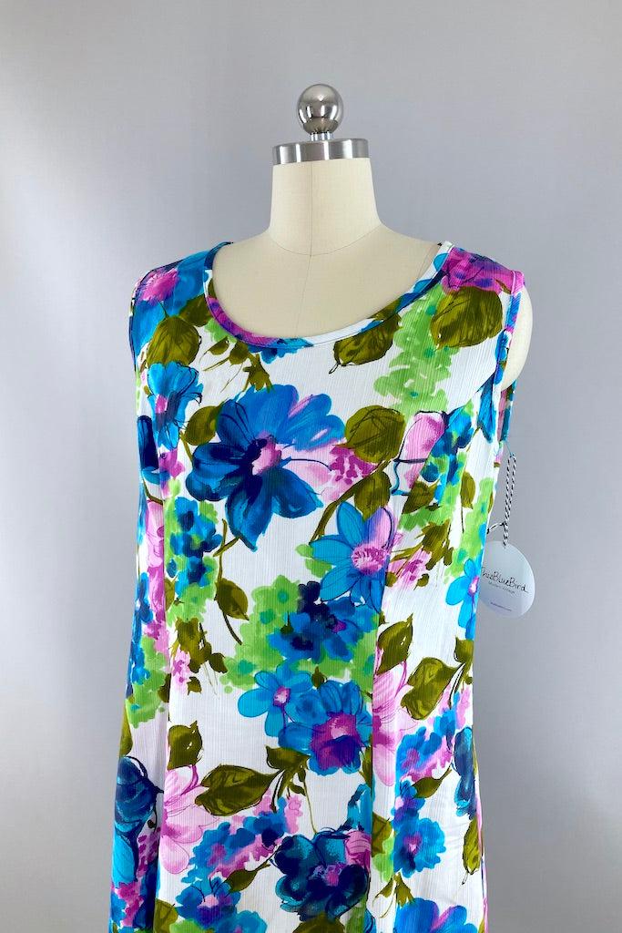Vintage Blue Floral Summer Shift Dress-ThisBlueBird