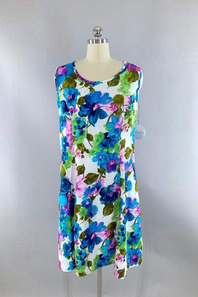 Vintage Blue Floral Summer Shift Dress-ThisBlueBird