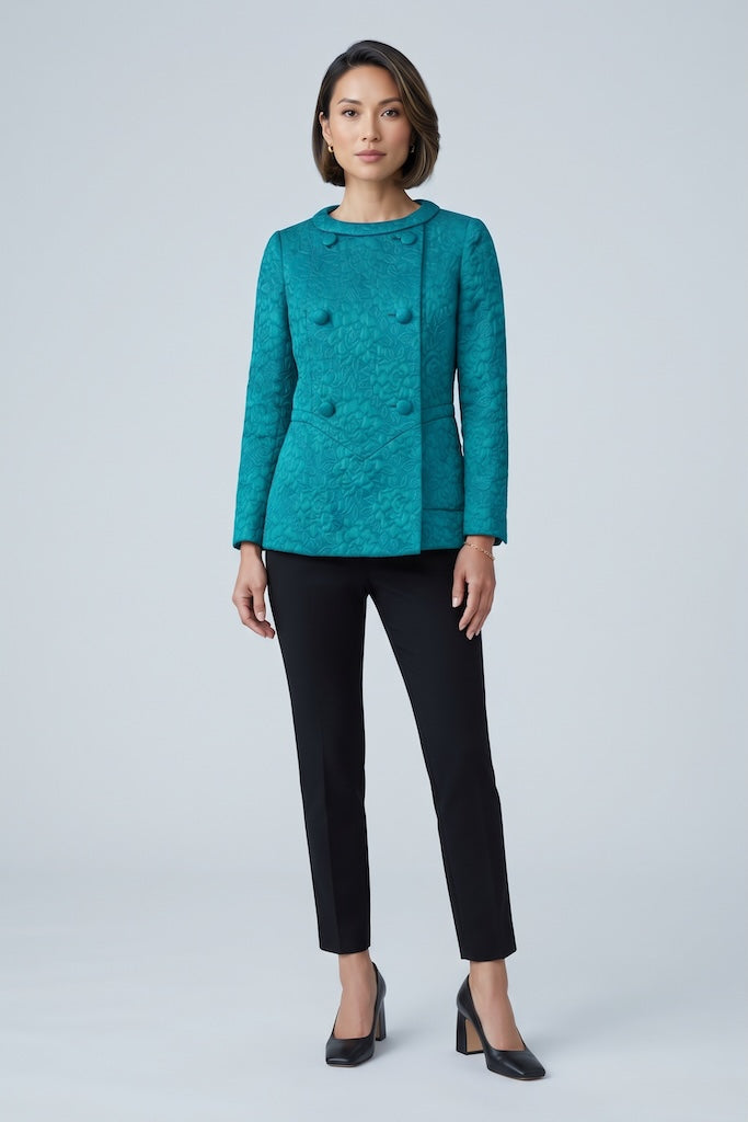 Vintage Blue Green Damask Jacket-Vintage Outerwear-ThisBlueBird