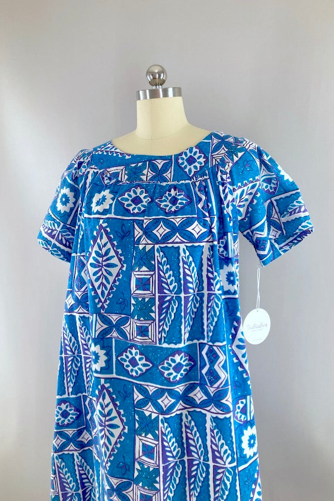 Vintage Blue Hawaiian Print Dress-ThisBlueBird