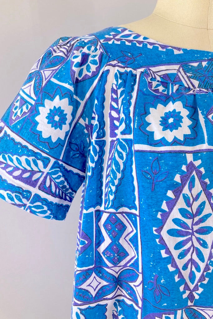 Vintage Blue Hawaiian Print Dress-ThisBlueBird