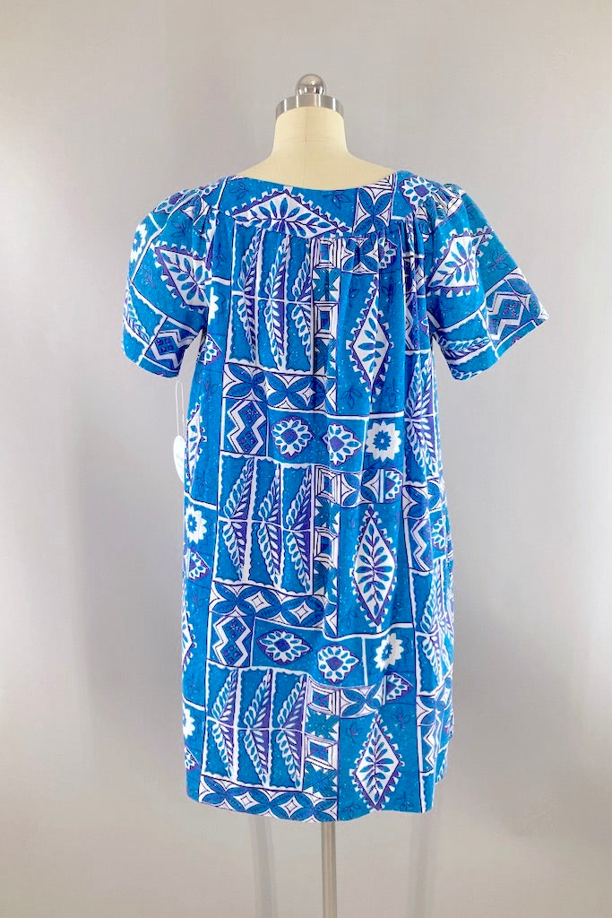 Vintage Blue Hawaiian Print Dress-ThisBlueBird