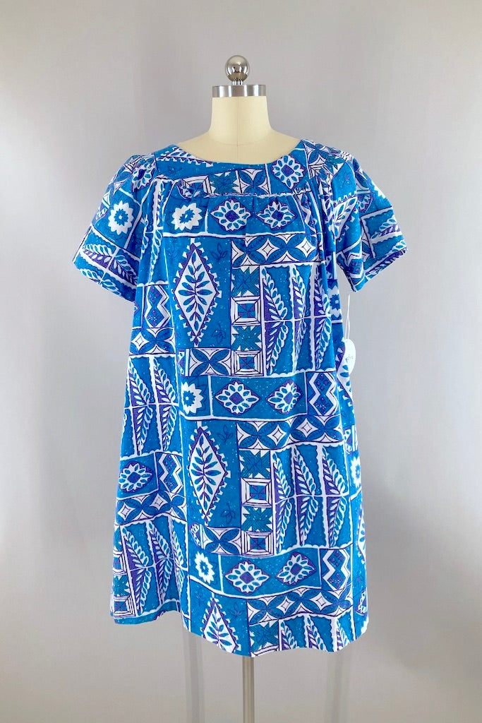 Vintage Blue Hawaiian Print Dress-ThisBlueBird