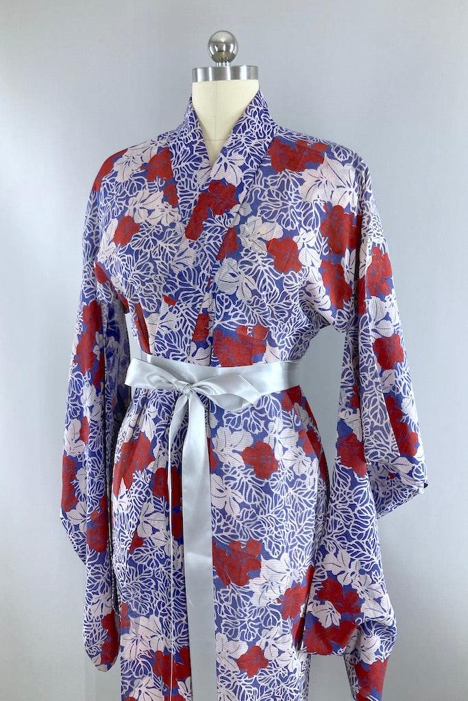 Vintage Blue Leaves Summer Silk Kimono-ThisBlueBird