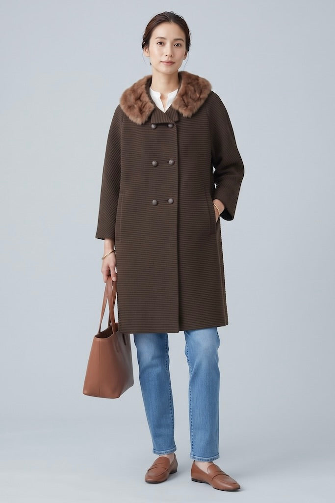 Vintage Brown Wool Coat with Mink Collar-ThisBlueBird