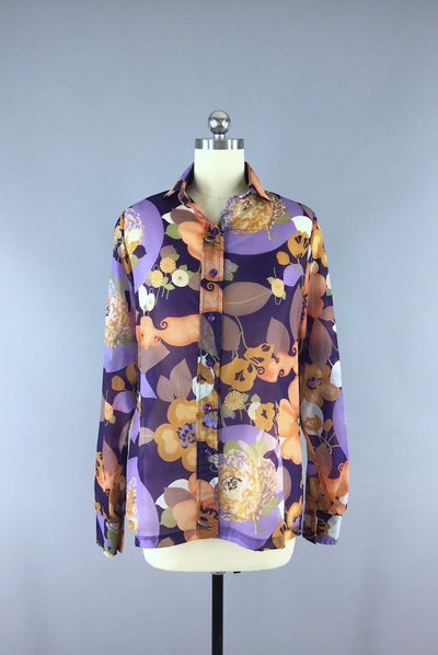 Vintage Chiffon Blouse / Purple Floral Print-ThisBlueBird