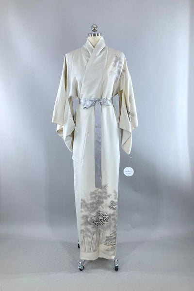 Vintage Grey Forest Summer Silk Kimono Robe-ThisBlueBird