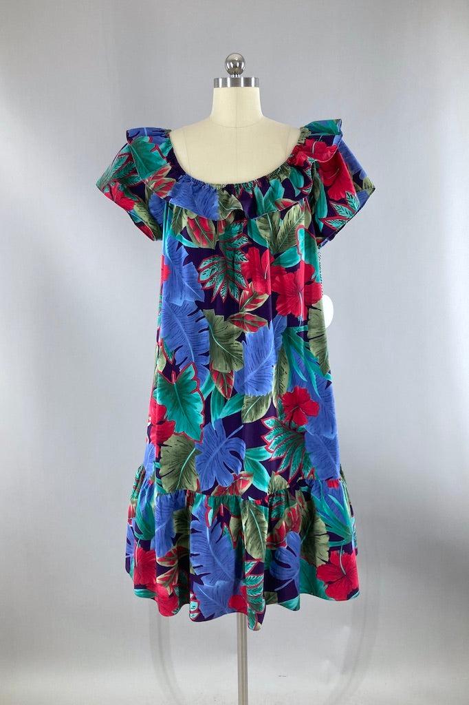 Vintage Hilo Hattie Blue & Red Hawaiian Dress-ThisBlueBird