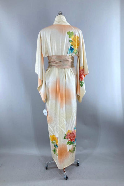 Vintage Ivory Chrysanthemums Silk Kimono-ThisBlueBird
