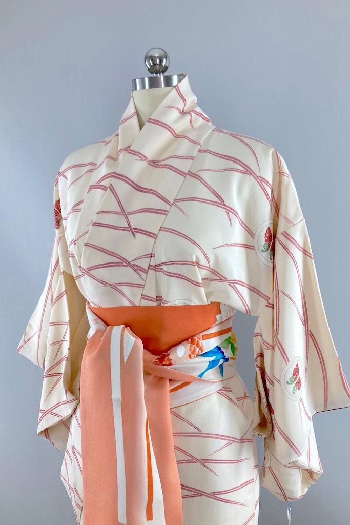 Vintage Ivory Coral Butterfly Silk Kimono-ThisBlueBird