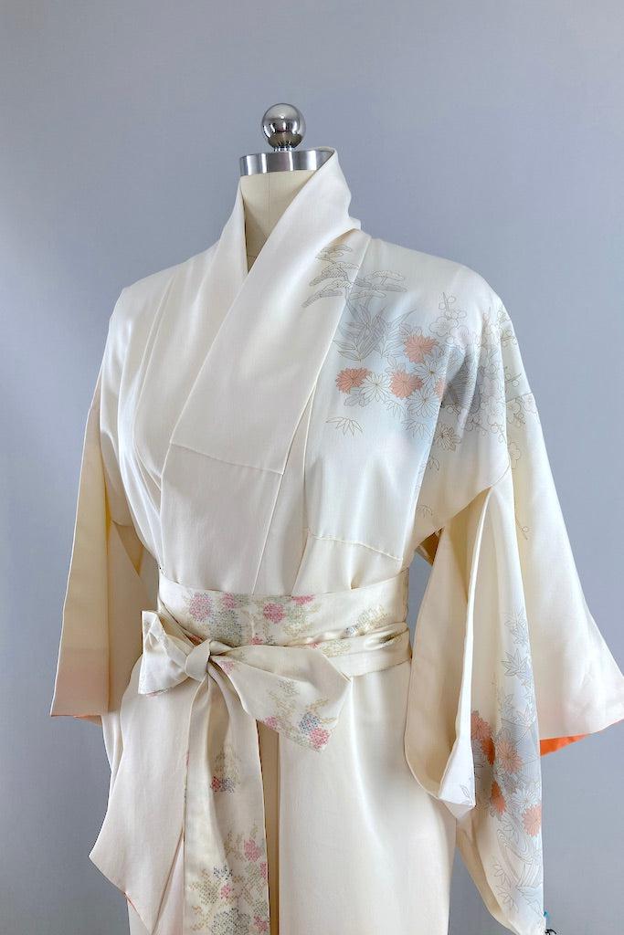 Vintage Ivory & Coral Pagodas Silk Kimono-ThisBlueBird