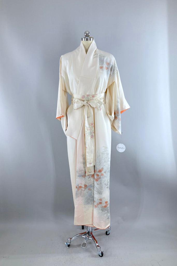 Vintage Ivory & Coral Pagodas Silk Kimono-ThisBlueBird