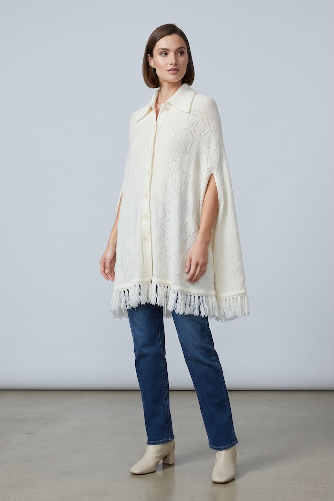 Vintage Ivory Fringed Cape-Vintage Outerwear-ThisBlueBird