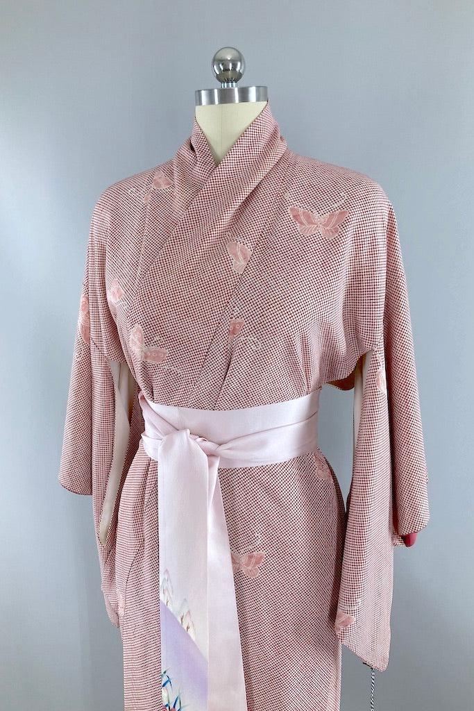 Vintage Ivory & Maroon Red Butterflies Silk Kimono-ThisBlueBird
