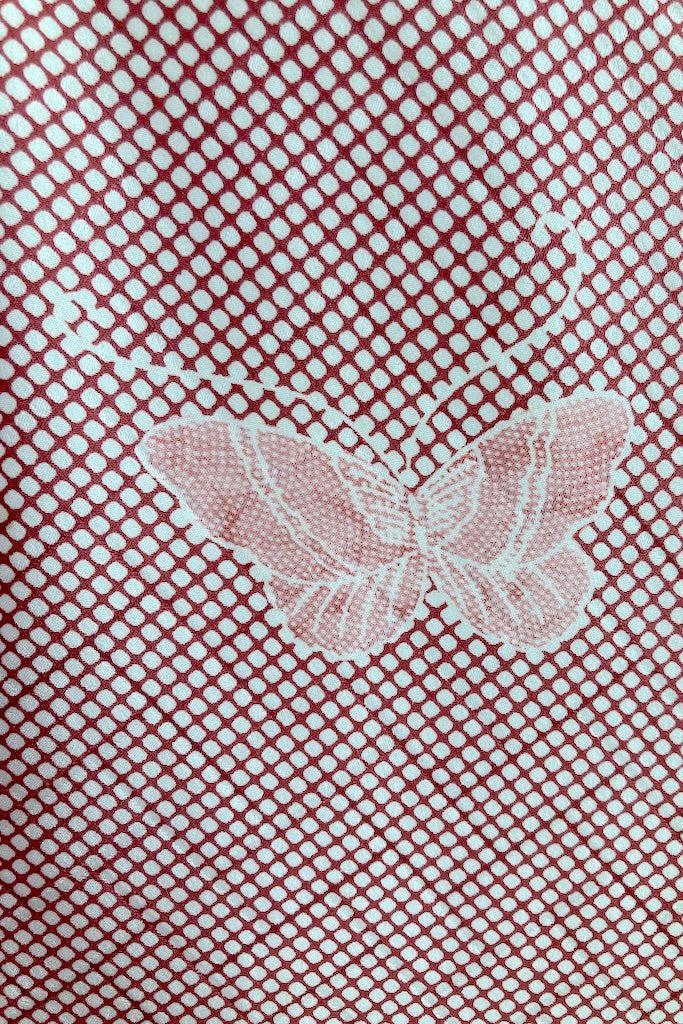 Vintage Ivory &amp; Maroon Red Butterflies Silk Kimono-ThisBlueBird
