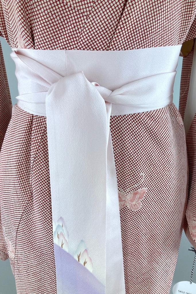 Vintage Ivory &amp; Maroon Red Butterflies Silk Kimono-ThisBlueBird